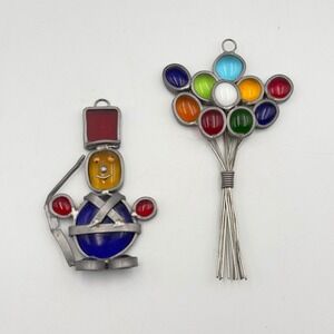 Vintage Stained Glass Suncatcher Ornaments Toy Soldier and Rainbow Balloons Set
